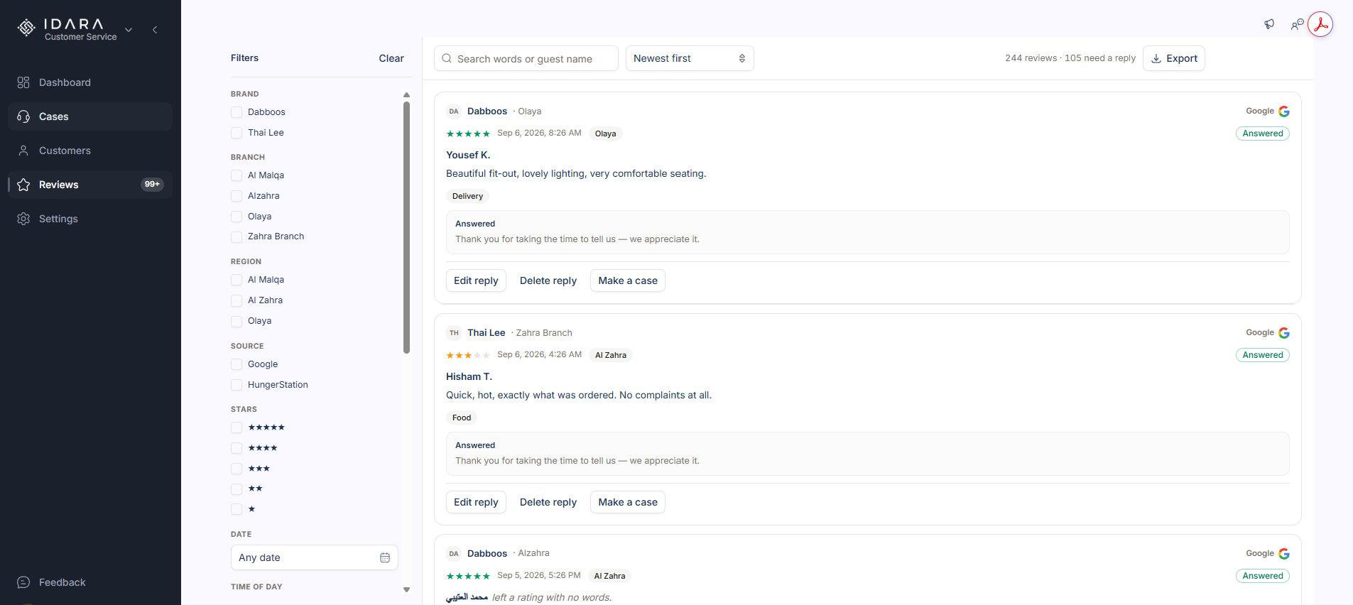Customer Service — every review, answered
